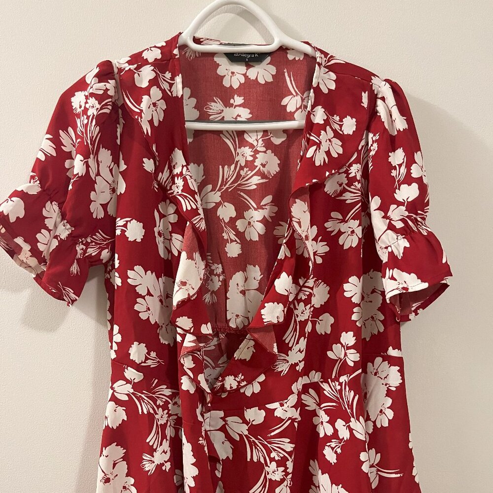 Allegra K Women's Tropical Print Blouse, Small, Red and White Patterned